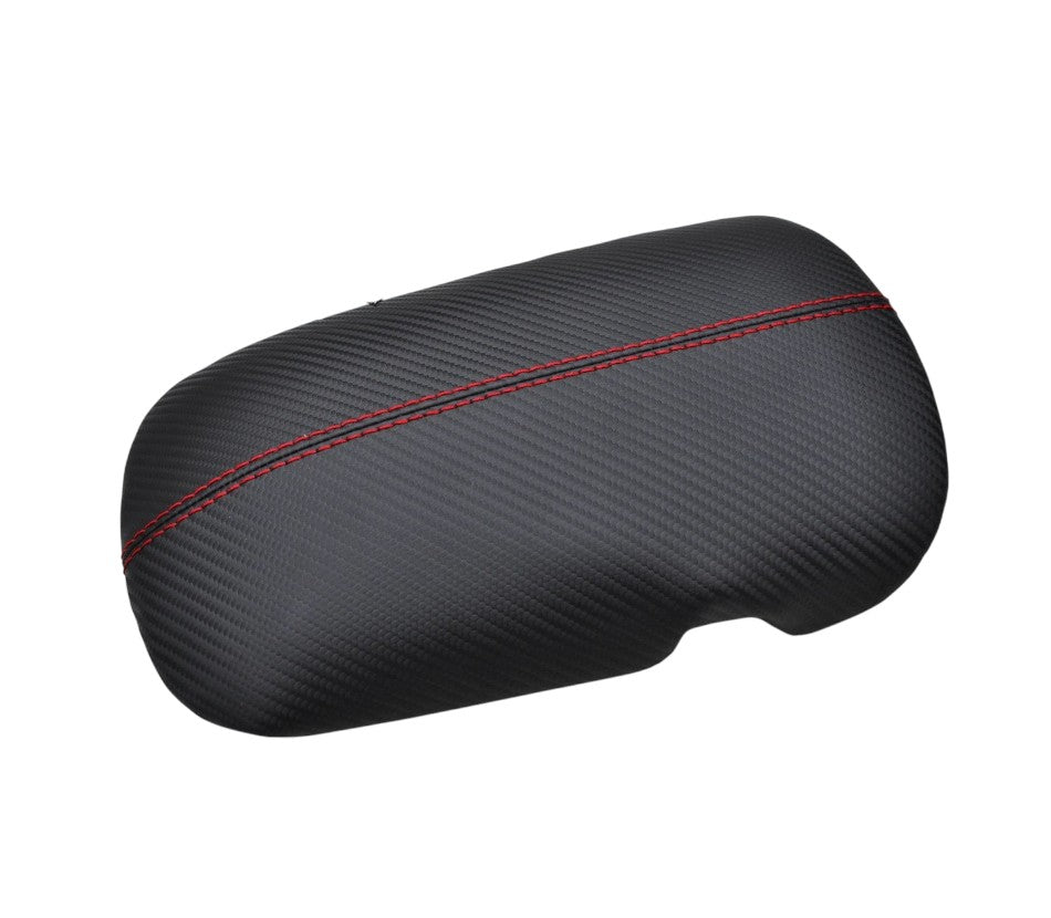 For 2015-2019 Ford Mustang GT Black Carbon Fiber Ultra Leather Console Armrest Cover In Red Stitch